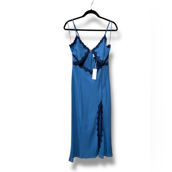 NWT Reformation Analissa Blue Chemise Black Lace Slip Midi Dress Size 10 - Picture 6 of 11